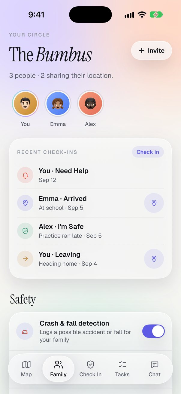 The Family tab with members and recent check-ins
